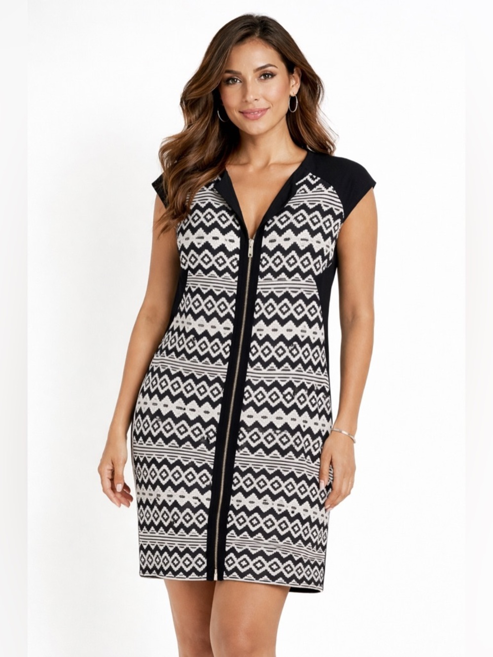 Ted Baker Working Aztec Black And White Gold Shift Dress Designer Size 2‎ US 6